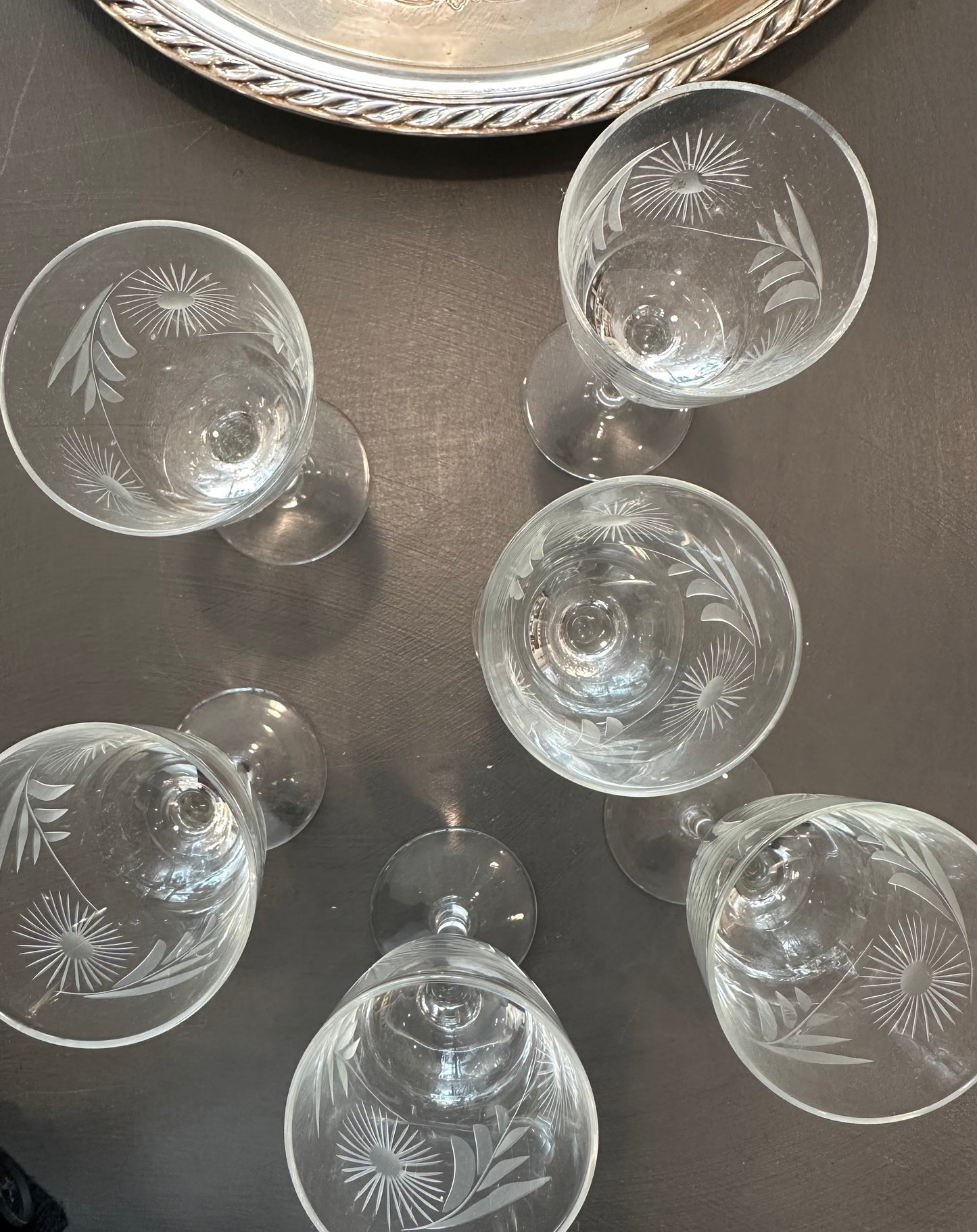 Vintage Etched Glass Digestif Glasses- Set of 6