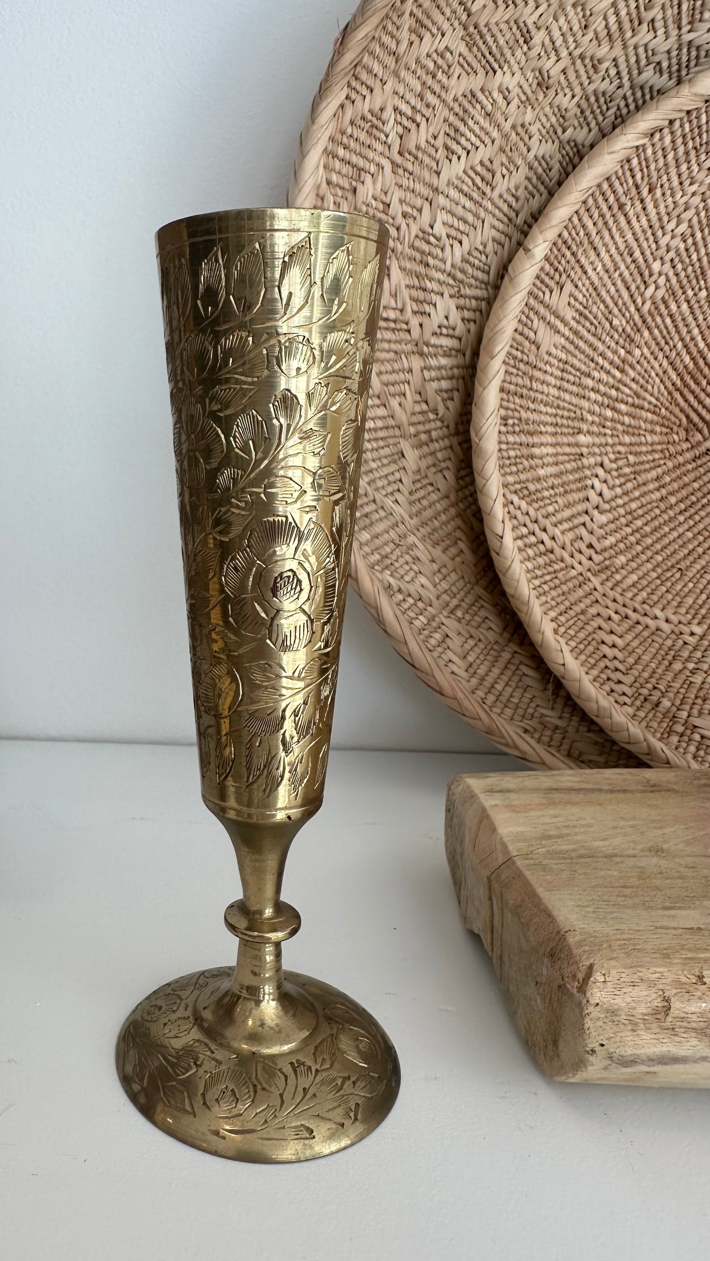 Vintage Brass Etched Bud Vase