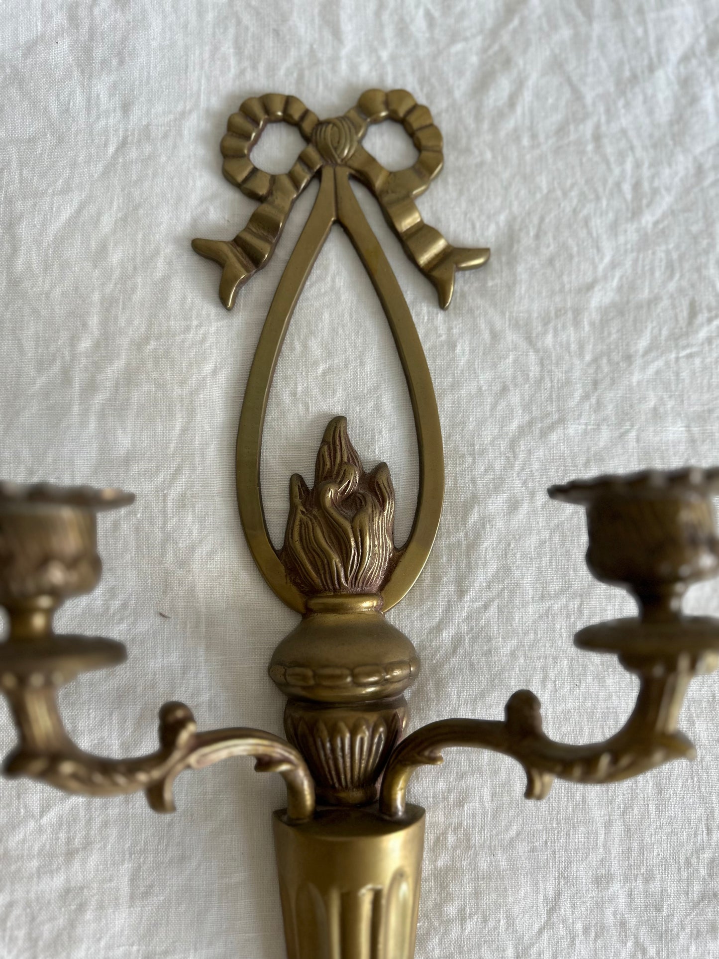 French Brass Flame and Bow Candle Wall Sconces