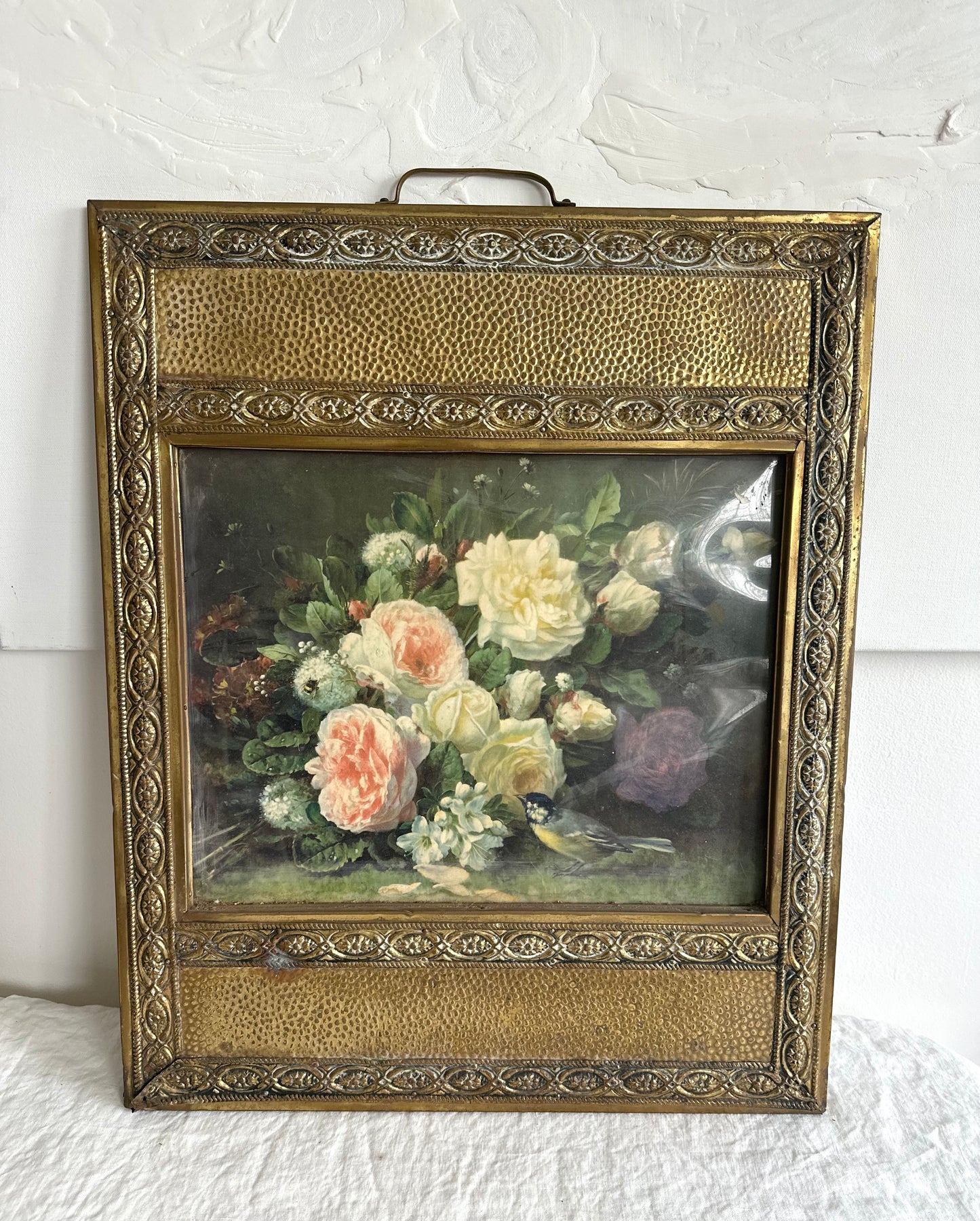 Antique Hammered Brass Framed Floral Art