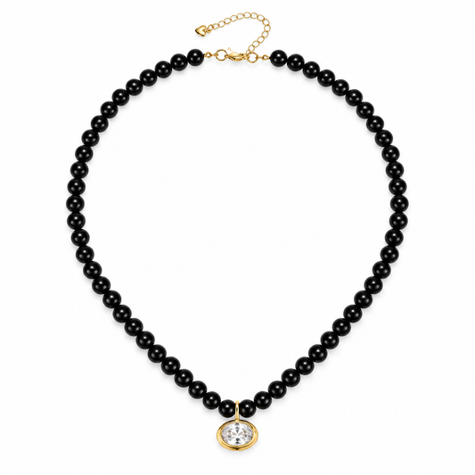 Black Beaded Necklace with Oval Pendant