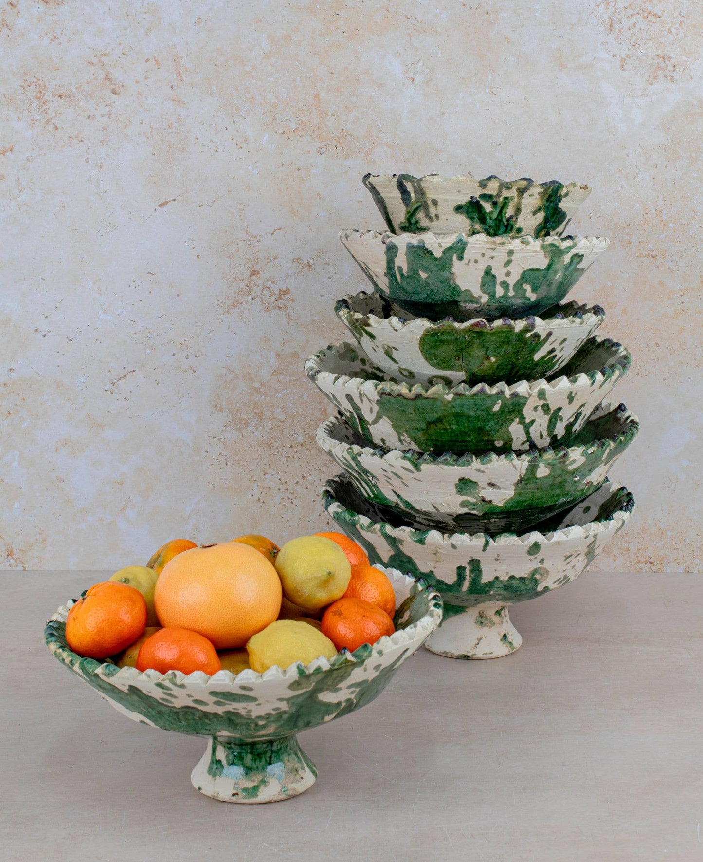 Handmade Moroccan Pedestal Bowl- Green & White