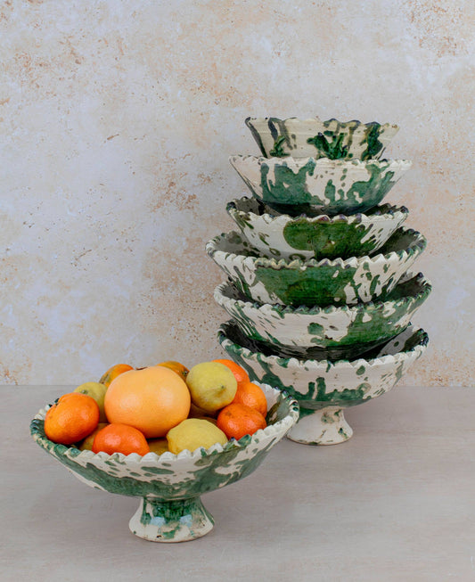 Handmade Moroccan Pedestal Bowl- Green & White
