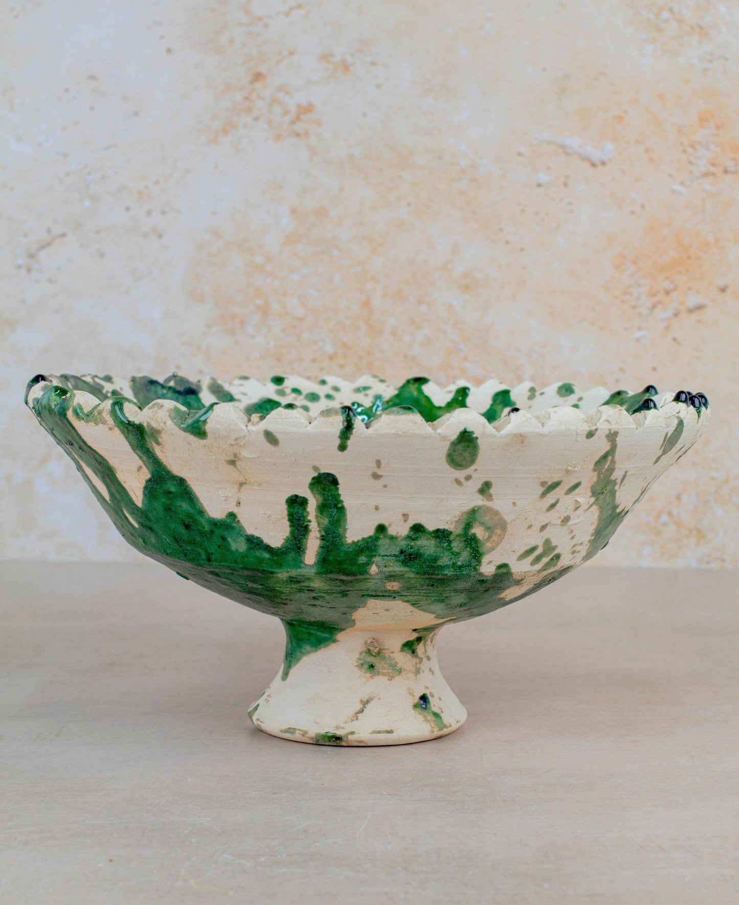 Handmade Moroccan Pedestal Bowl- Green & White