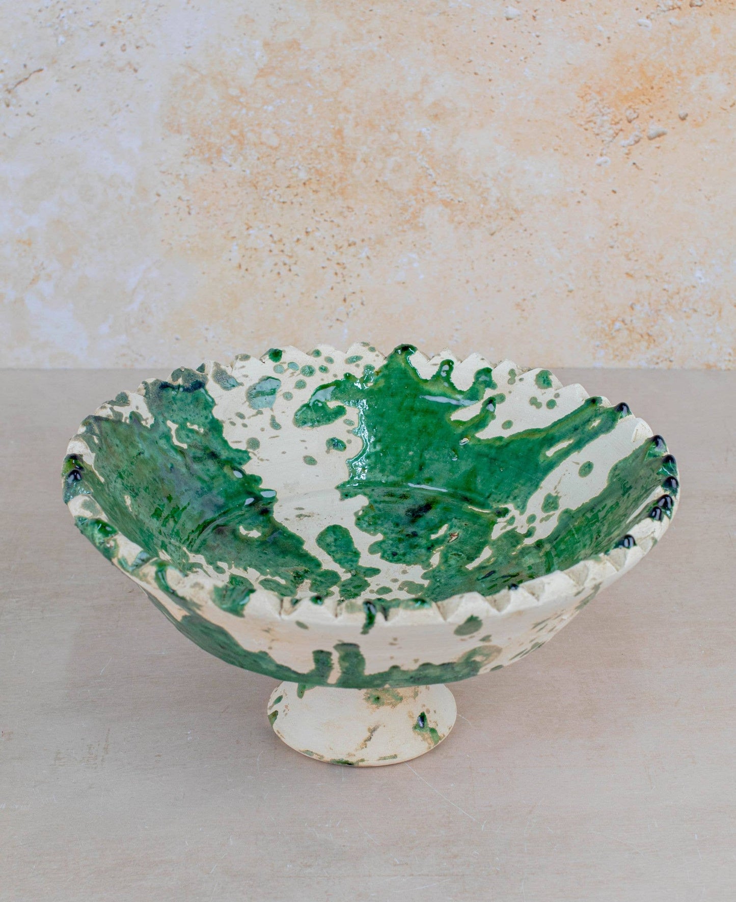 Handmade Moroccan Pedestal Bowl- Green & White
