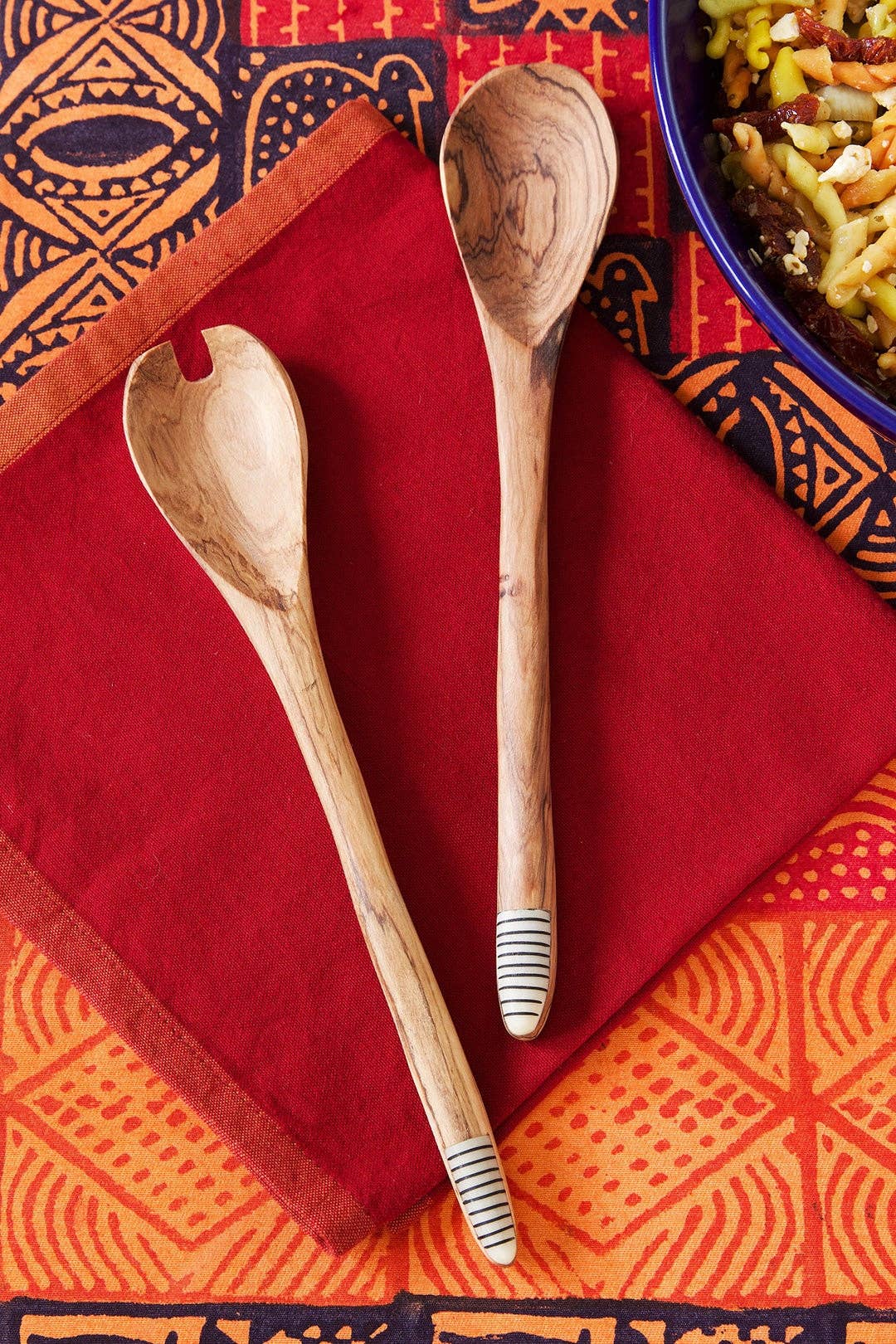 Wild Olive Wood Salad Servers with Etched White Bone