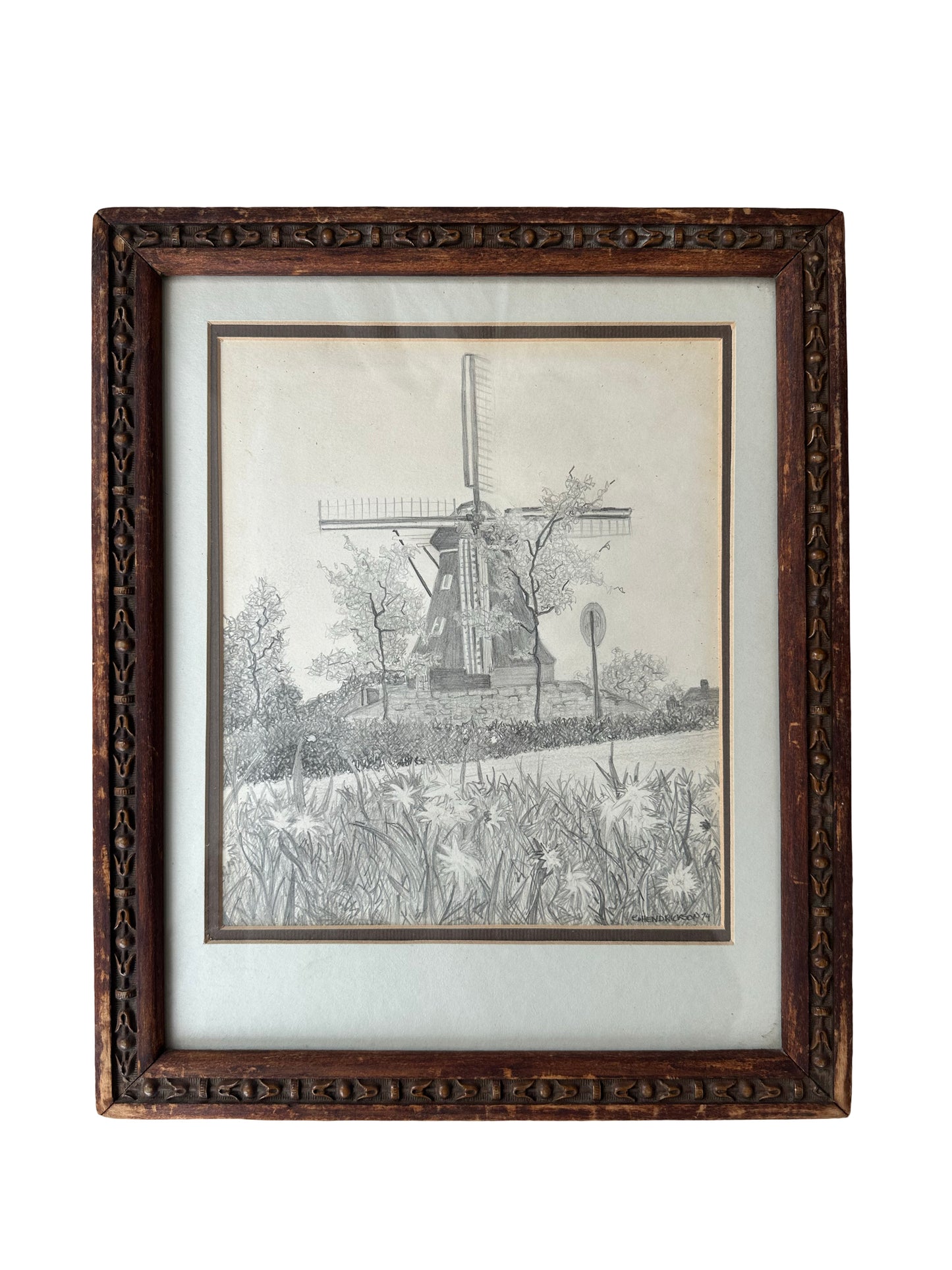 Antique Arts and Crafts Frame with Pencil Drawing