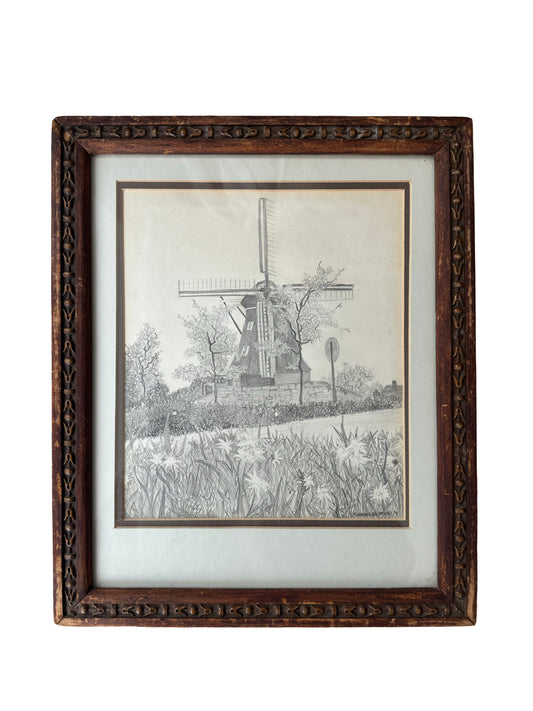 Antique Arts and Crafts Frame with Pencil Drawing