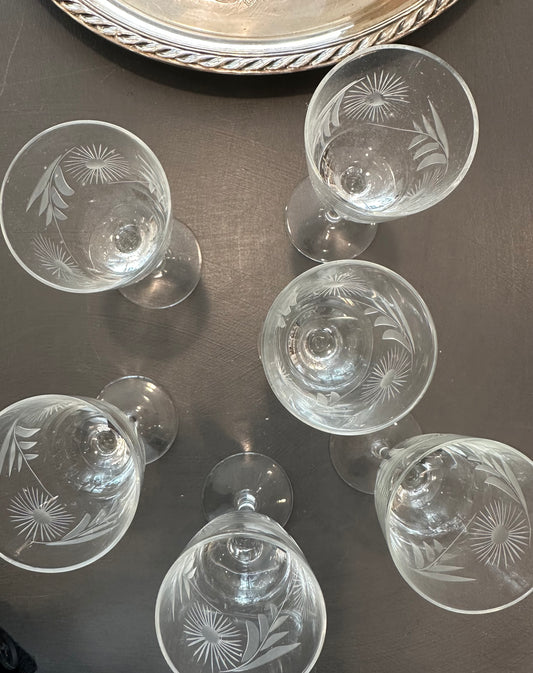 Vintage Etched Glass Digestif Glasses- Set of 6