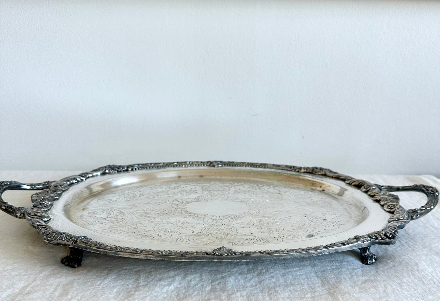 Large Vintage Footed Silver Plate Tray