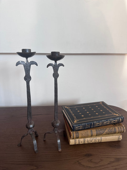 Vintage Brutalist Hand Forged Iron Candle Holders