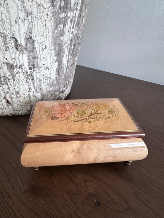 Vintage Wood Inlay Musical Jewelry Box