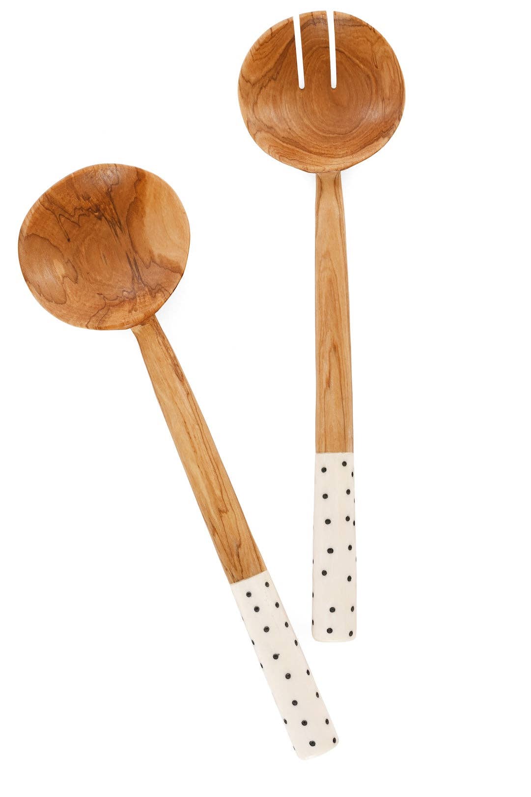 Kenyan Polka Dot Olive Wood Salad Servers with Bone Handles