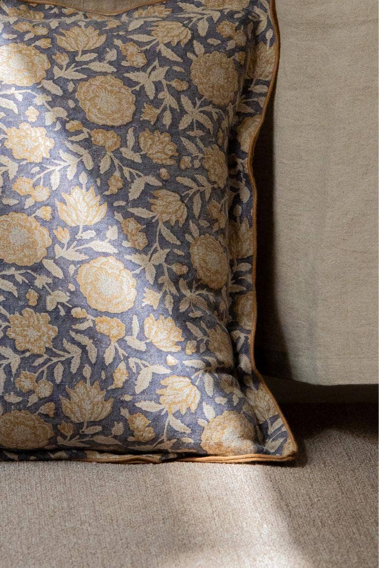 Block Print Riva Linen pillow- blue