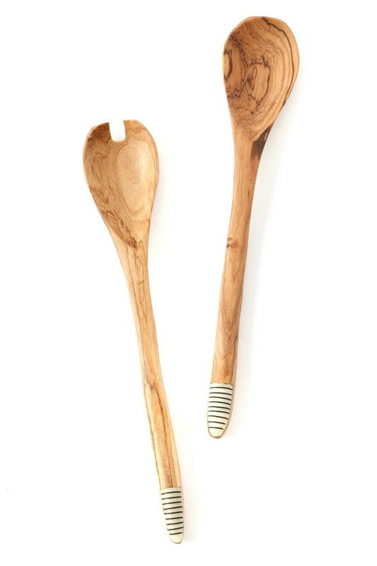 Wild Olive Wood Salad Servers with Etched White Bone