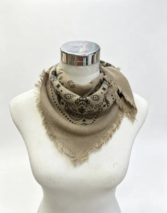 Wool Blend Bandana Print Scarf- Taupe